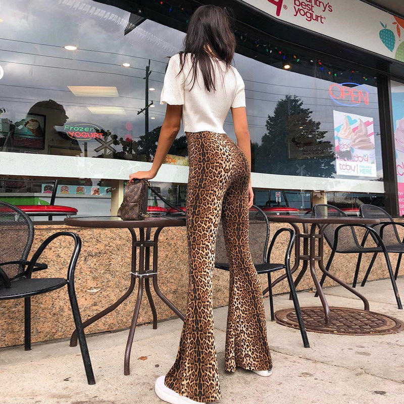 Women’s High-Waisted Leopard Print Flare Pants – Cotton Blend Stretch Bell-Bottom Trousers, S–XXL
