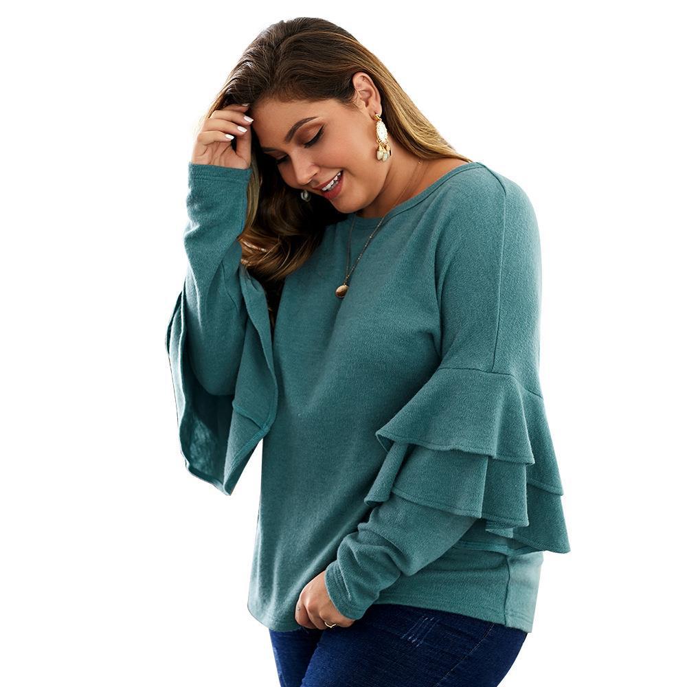 Women’s Plus Size V-Neck Knit Sweater – Lightweight Long Sleeve Lotus Leaf Pullover, Blue, Khaki & Green, XL–4XL