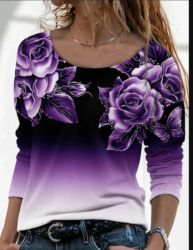 3D Printed Casual Long Sleeve Pullover T-Shirt for Women