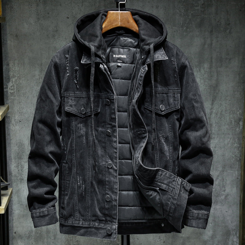 Men’s Thickened Denim Jacket with Hood for Winter
