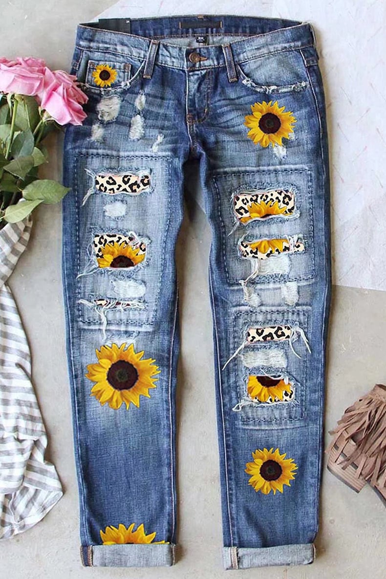 Women’s Ripped Printed Jeans – High-Waist Polyester Pencil-Fit Blue Denim, S–2XL