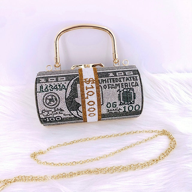 Luxury Crystal Dollar Design Evening Clutch Bag – Rhinestone Money Purse with Chain Strap for Weddings & Parties