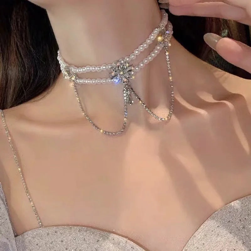 Baroque Vintage Zirconia Pearl Tulle Choker Necklace