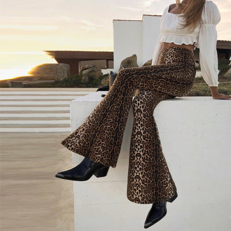 Women’s High-Waisted Leopard Print Flare Pants – Cotton Blend Stretch Bell-Bottom Trousers, S–XXL