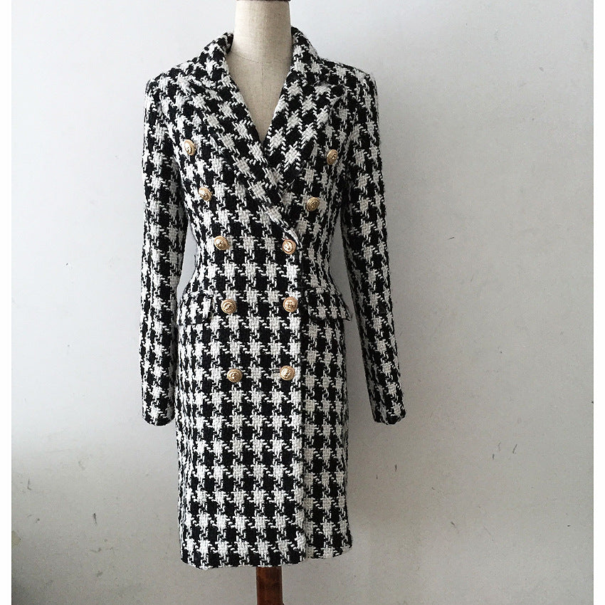 Women’s Double-Breasted Houndstooth Coat – Slim-Fit Metal Buckle Polyester Jacket, S–2XL
