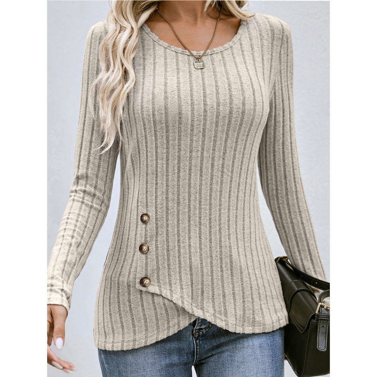 Women’s Button Round Neck Sweater – Slim-Fit Pleated Polyester Pullover, 4 Colors, S–XXL