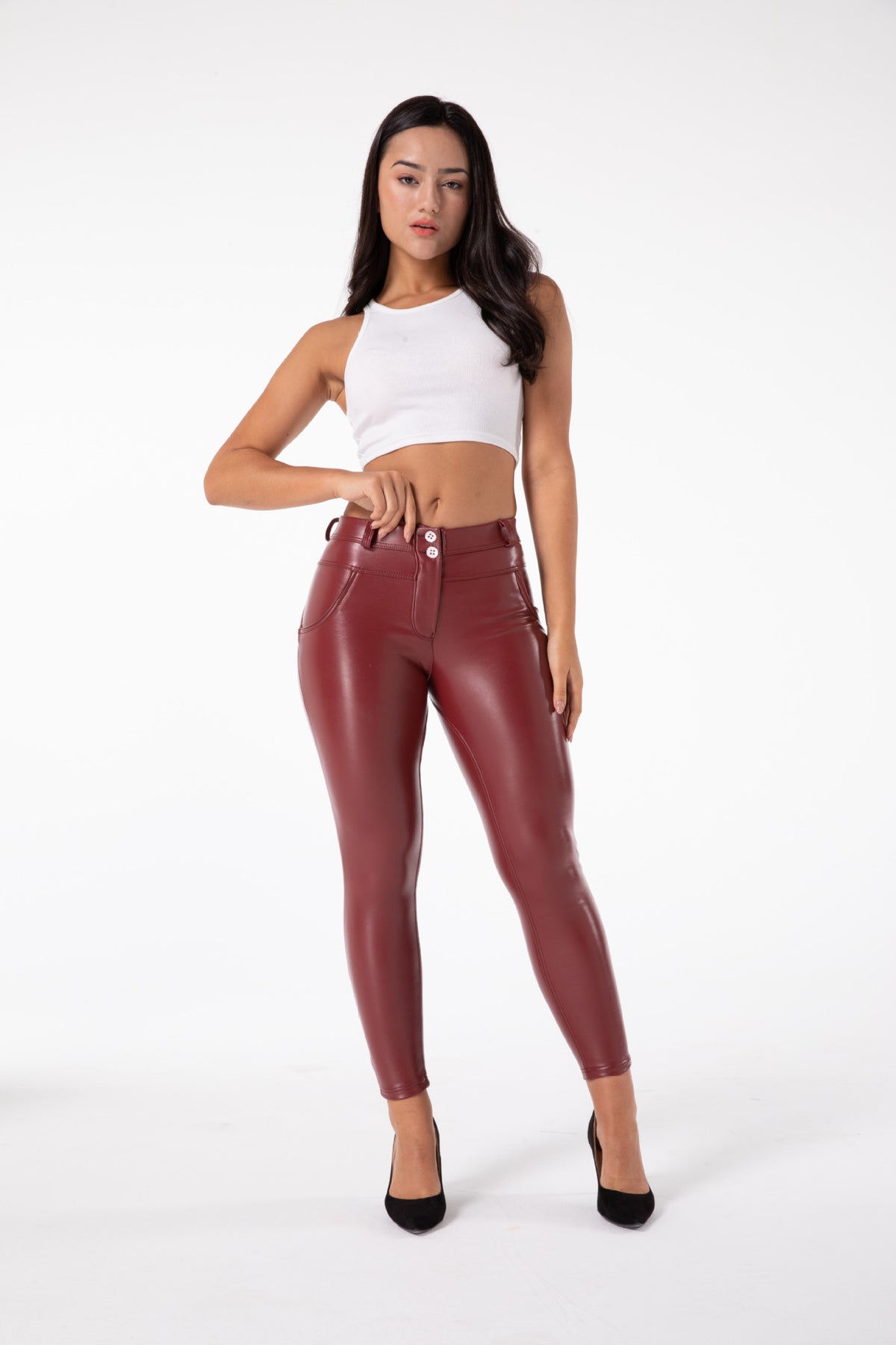 Women’s Plus Size Slimming Dance Fitness Pants – Fleece PU Leather Pencil Leggings, XXS–3XL
