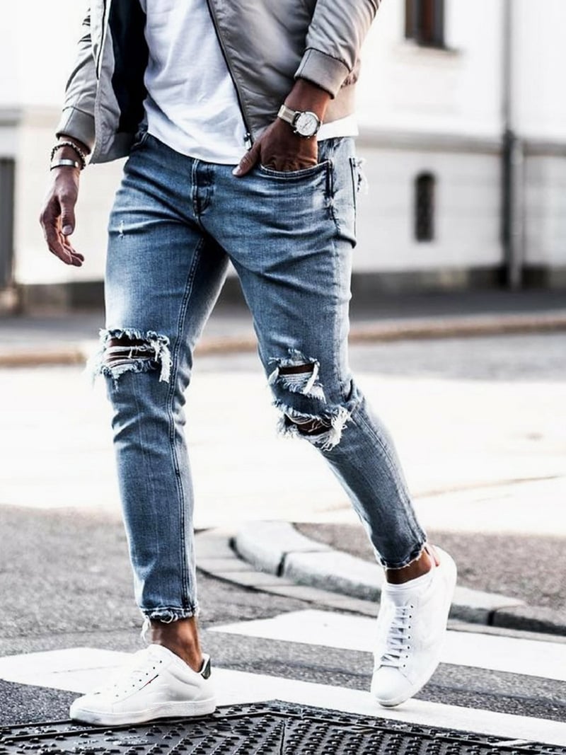 Men’s Ripped Hole Design Jeans – Trendy Distressed Denim Pants