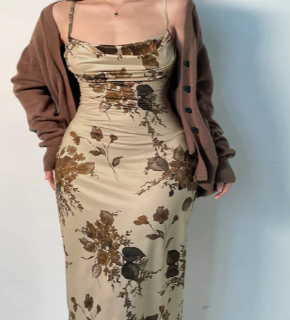 WOLFF Floral Pattern Maxi Dress with Open Back for Women USA