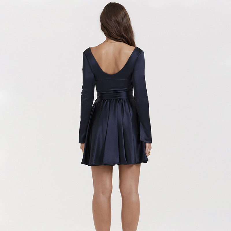 Women’s V-Neck Backless Dress with Waist Tie – Elegant Fashion Dress