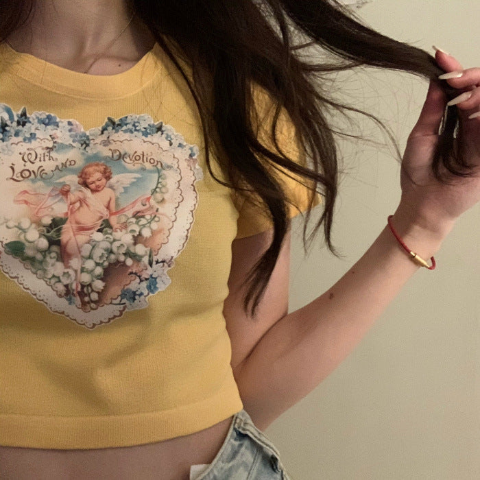 Angel Print Summer Short Sleeve T-shirt for Women