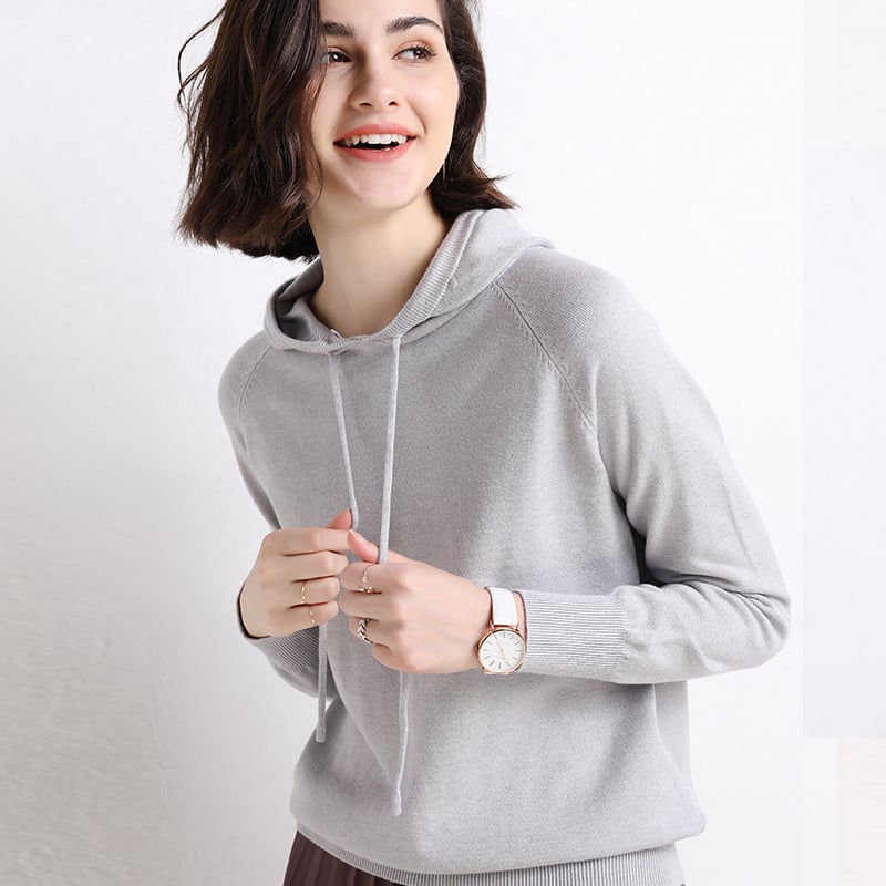 Women’s Lightweight Hooded Knit Sweater – Printed Long Sleeve Casual Pullover, 14 Colors, M–2XL