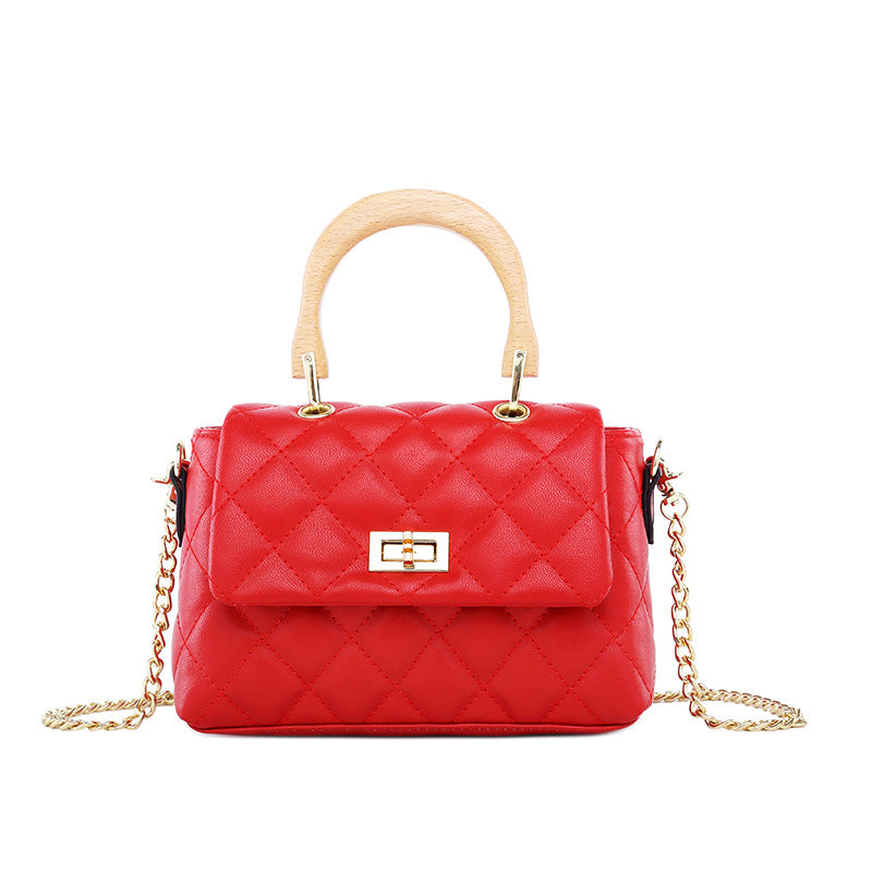 Diamond Check PU Handbag – Chic Wooden Ring Handle Women’s Shoulder Bag