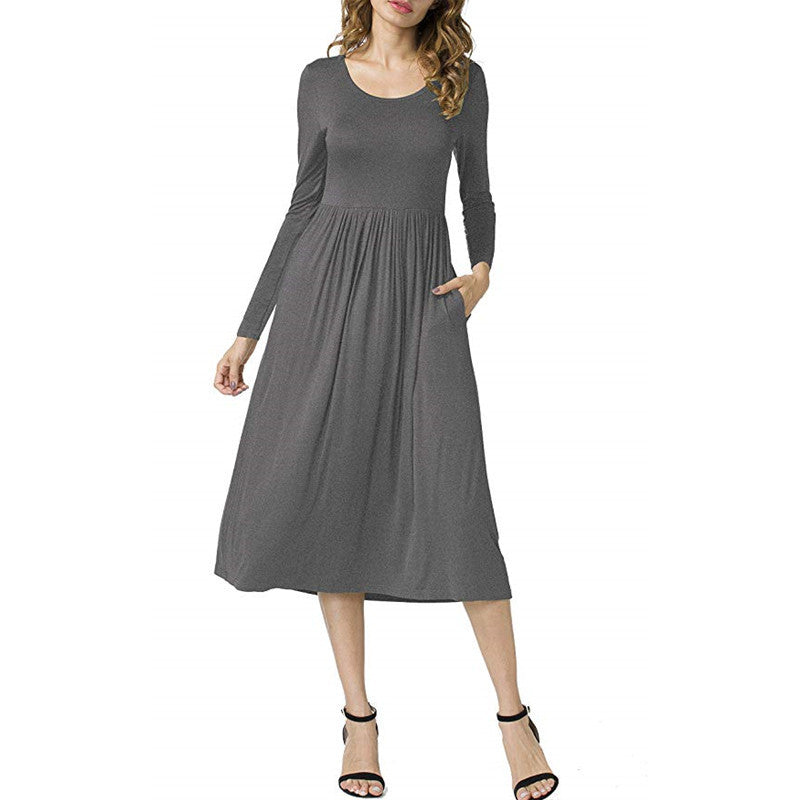 Women’s Long Sleeve A-Line Dress – Elegant Round Neck Solid Color Dress