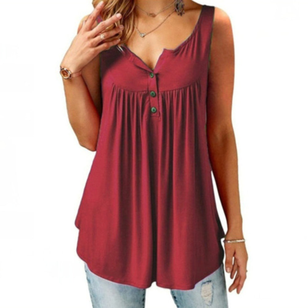 Women’s U-Neck Pleated Tank Top – Sleeveless Casual Summer Blouse