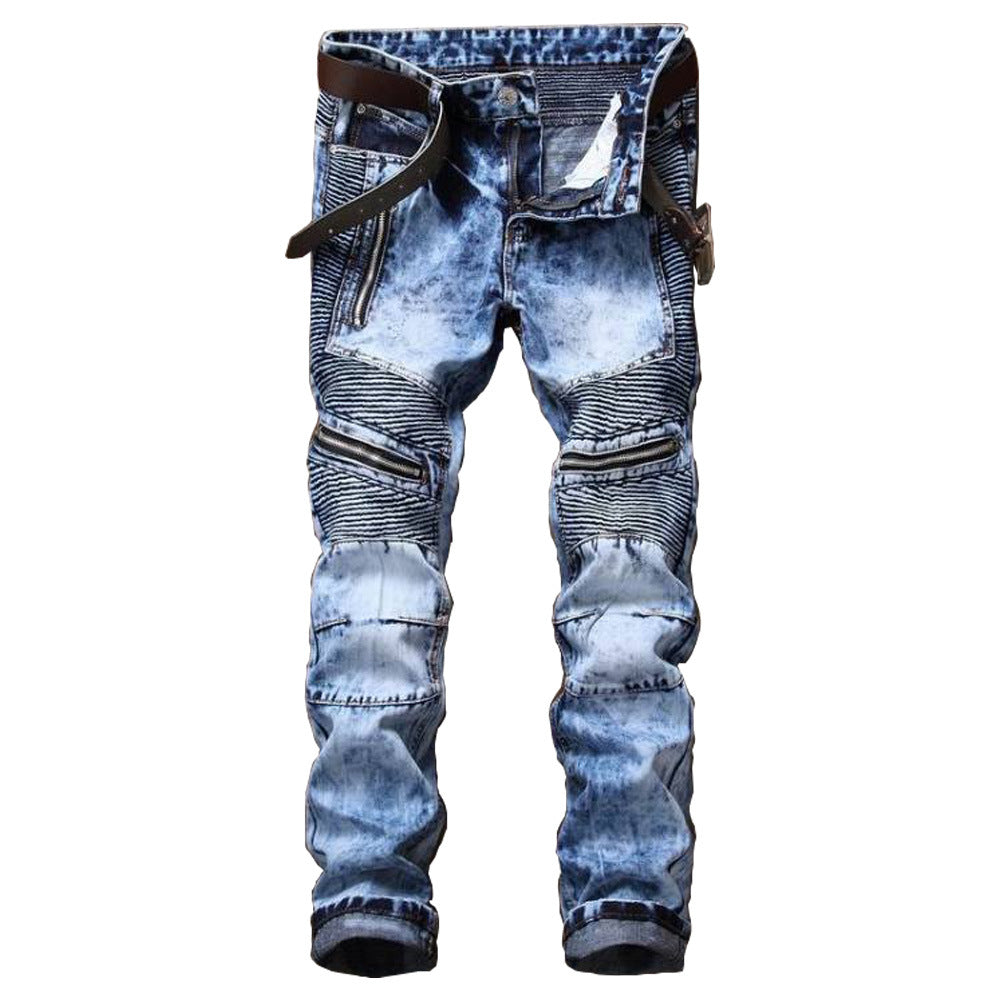 Men’s Slim Fit Snowflake Motorcycle Jeans – Biker Denim Trousers