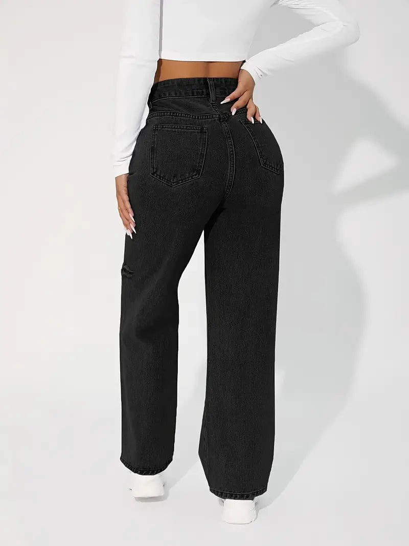 Women’s High-Rise Ripped Knee Boyfriend Jeans – Black Cotton Loose Straight-Leg Denim, S–XL