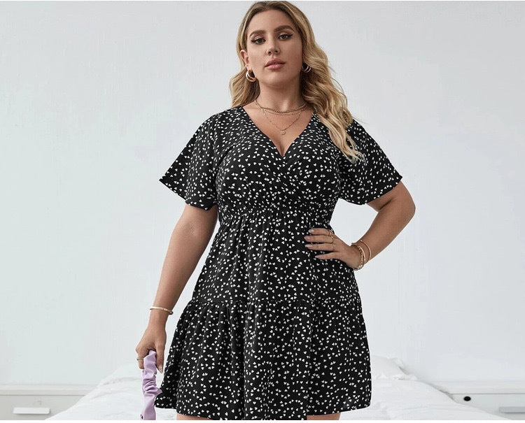Plus Size Floral Wrap Mini Dress – Women’s V-Neck Ruffle A-Line Summer Dress S–4XL