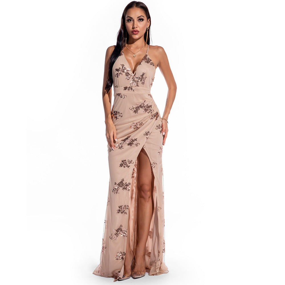 Sequined Sleeveless Backless Maxi Dress – Women’s Elegant A-Line Evening Gown