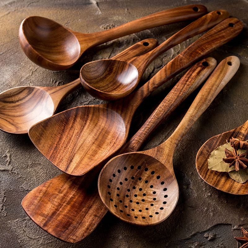 Teak Wood Kitchen Utensil Set – Essential Non-Stick Cookware Spoon Collection