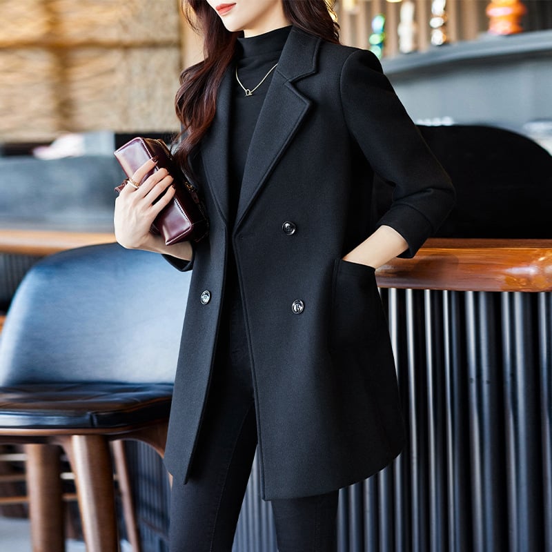 Women’s Black Double-Breasted Suit Jacket – Loose-Fit Mid-Length Fall & Winter Blazer Coat, S–XXL