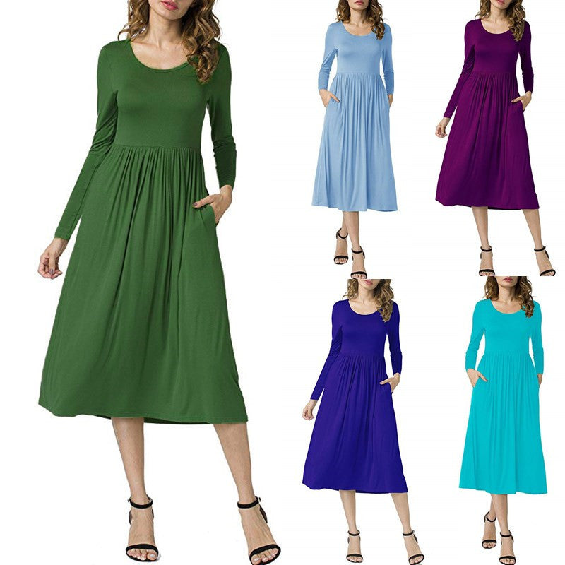 Women’s Long Sleeve A-Line Dress – Elegant Round Neck Solid Color Dress