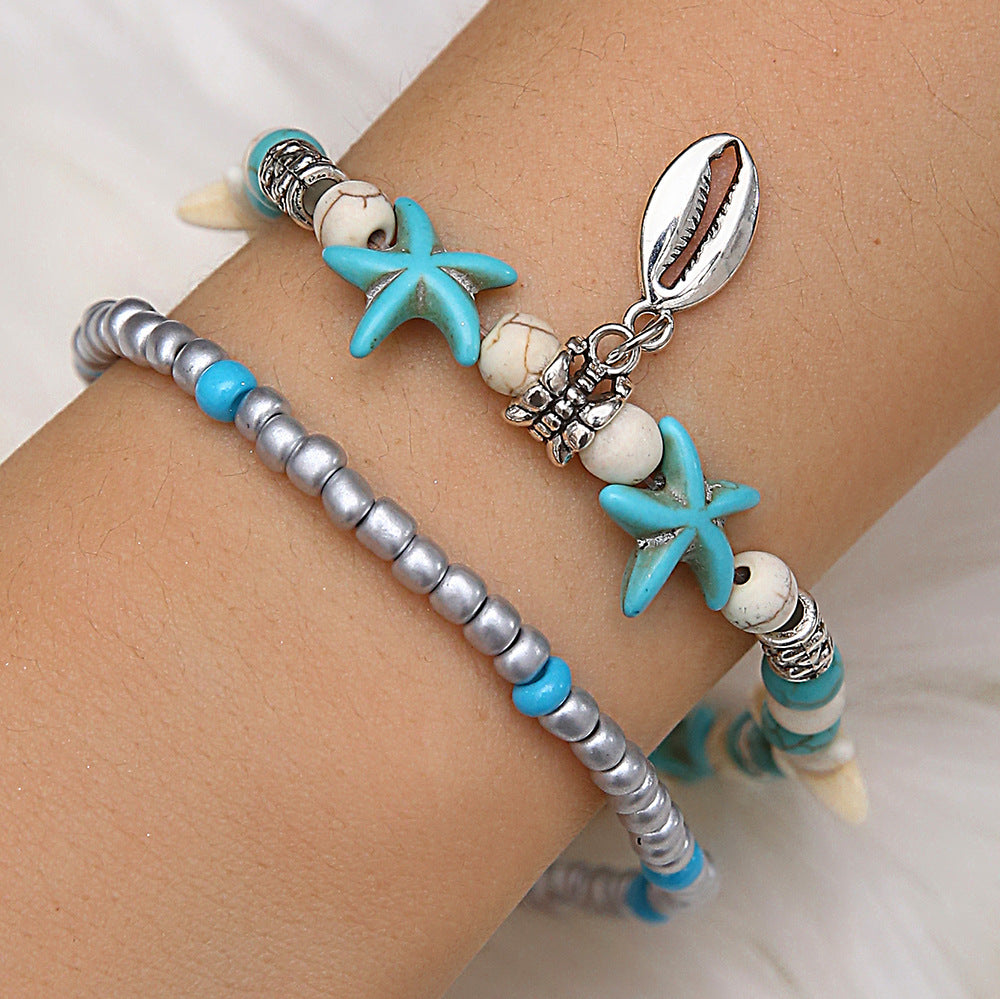 Turquoise Beach Anklet with Sea Turtle and Starfish Pendant