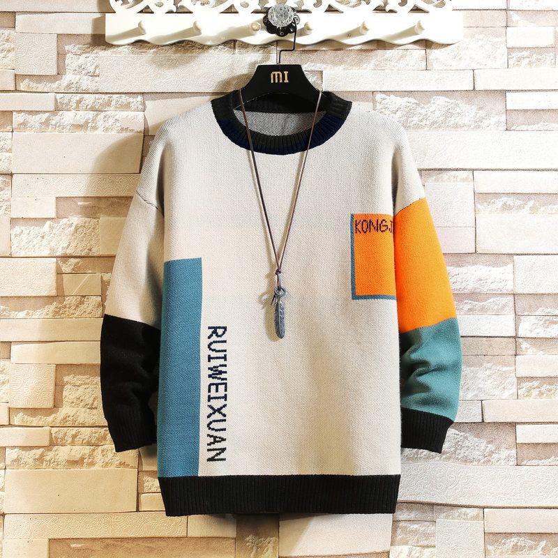 Men’s Contrast Color Oversized Sweater – Korean-Style Loose Knitwear – USA