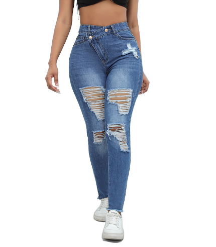 Women’s High-Waist Stretchy Ripped Skinny Jeans – Light Blue Raw Hem Pencil Denim, S–XXL