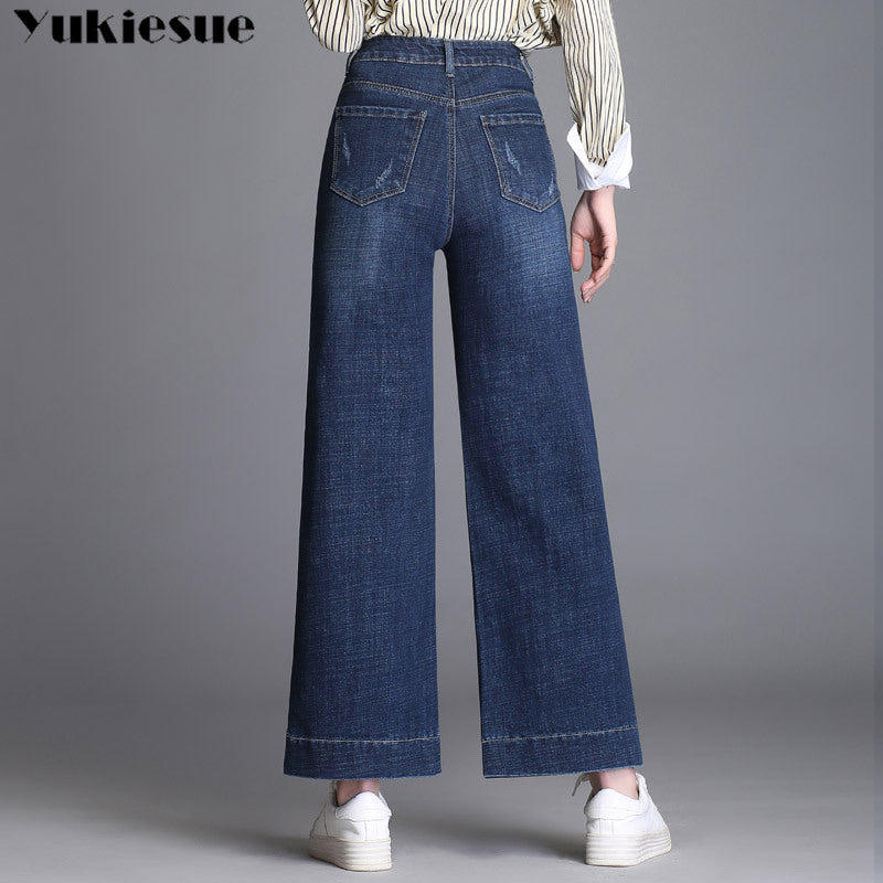 Women’s High-Waist Wide-Leg Ripped Jeans – Cotton Boyfriend Denim in Sky Blue & Blue, Sizes 26–33
