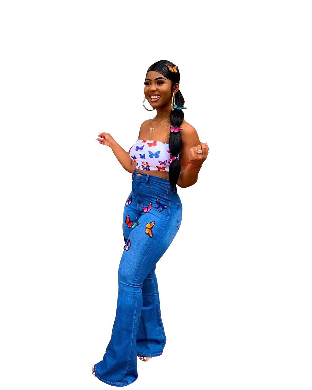 Women’s Embroidered Butterfly Rhinestone Flare Jeans – Blue Wide-Leg Statement Denim, S–3XL