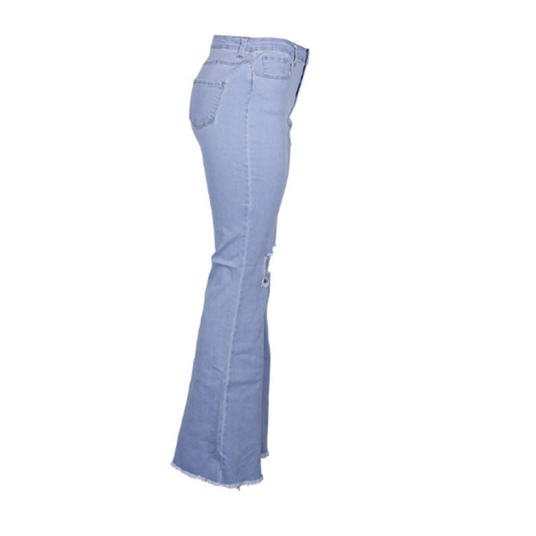Women’s Vintage Ripped Flare Jeans – Light Blue Mid-Waist Distressed Denim, S–XXL