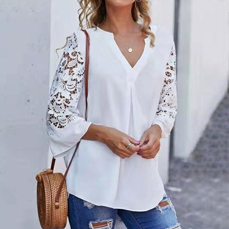 Loose-Fit Lace-Trimmed V-Neck T-Shirt for Women