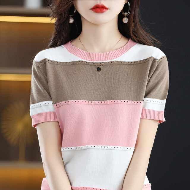 Cotton Contrast Panel Casual Knit T-Shirt for Women
