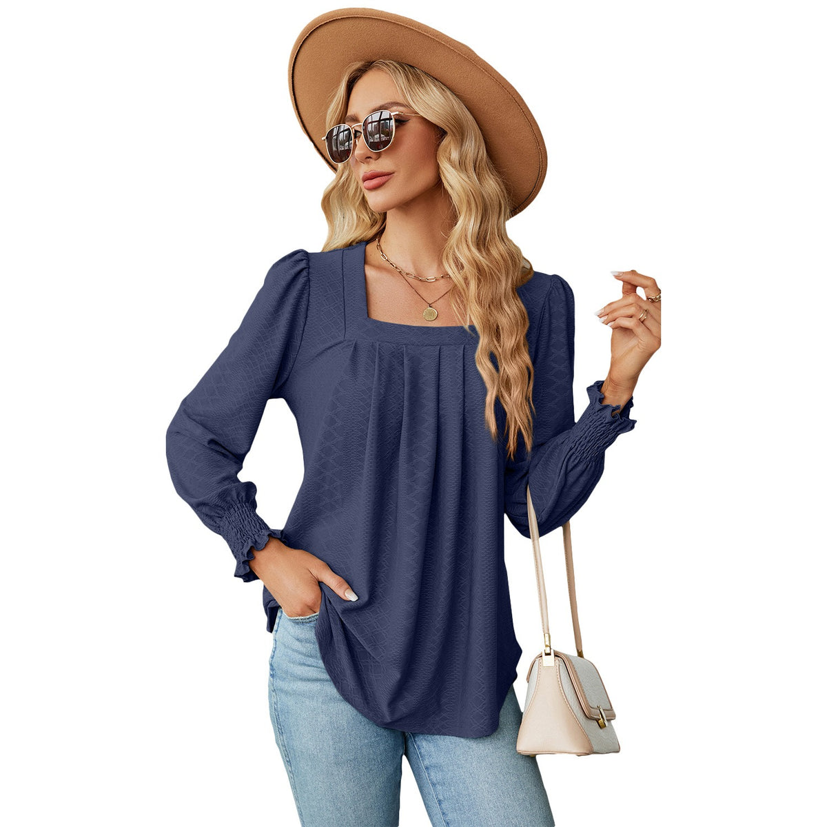 Jacquard Pleated Long-Sleeve Square Neck T-shirt for Women