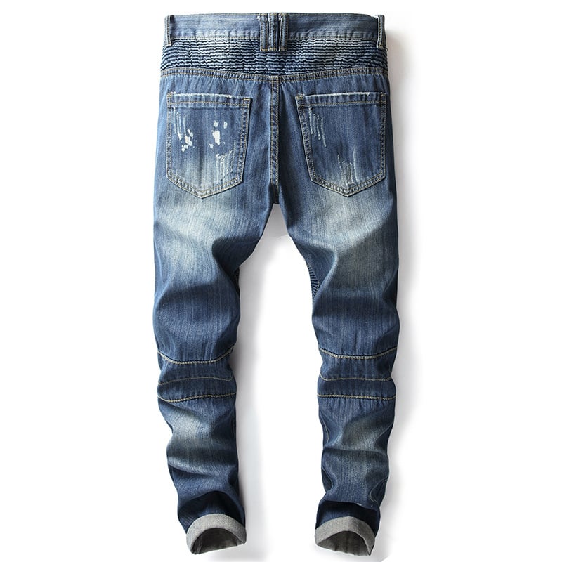 Men’s Vintage Motorcycle Straight-Leg Jeans – Cotton Retro Washed Blue Denim Pants, Sizes 28–42