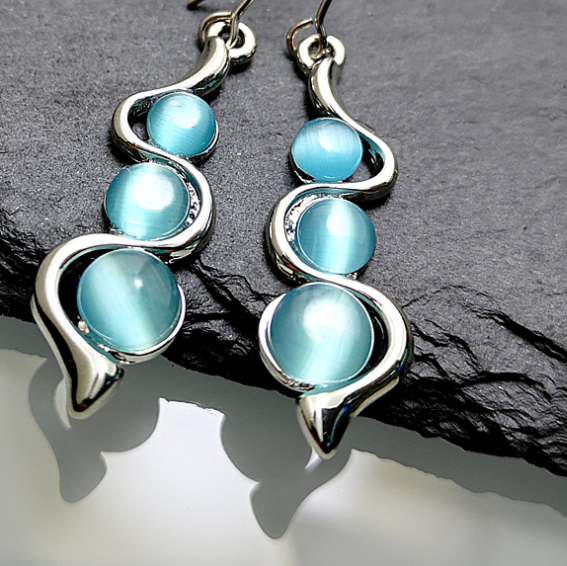 Bohemian Blue Wave Earrings with Sea Blue Cat’s Eye Gemstones