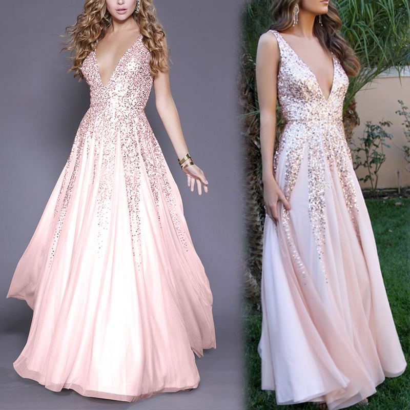 Women's Pink Sequin V-Neck Evening Dress – Sleeveless Party Gown