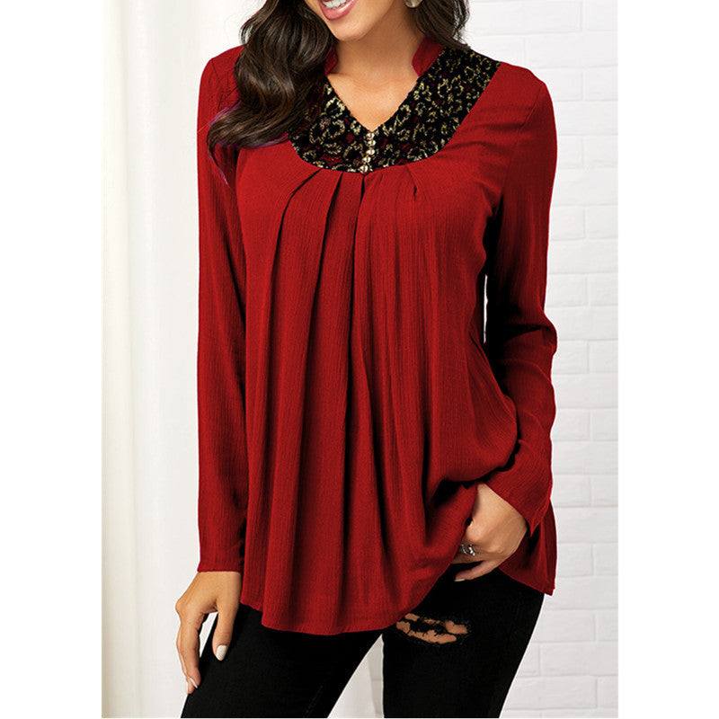 Women's V-Neck Floral Print Lace Top – Long Sleeve Slim Fit Blouse