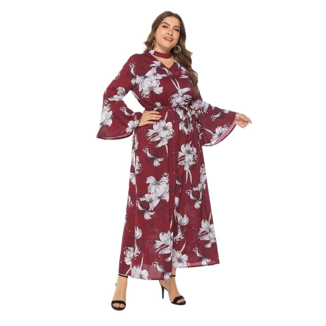 Plus Size Boho Floral Maxi Dress – Choker V-Neck Long Sleeve Dress XL–3XL