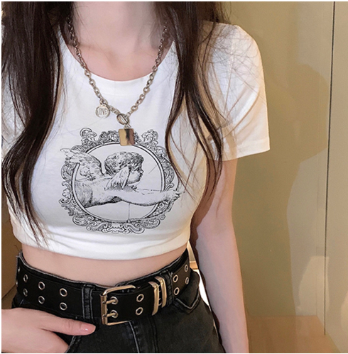 Angel Print Heart Circle Short Sleeve T-Shirt for Women
