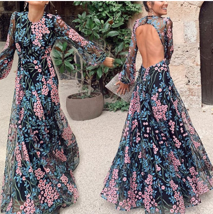 WOLFF Vintage Floral Backless Maxi Dress for Women USA
