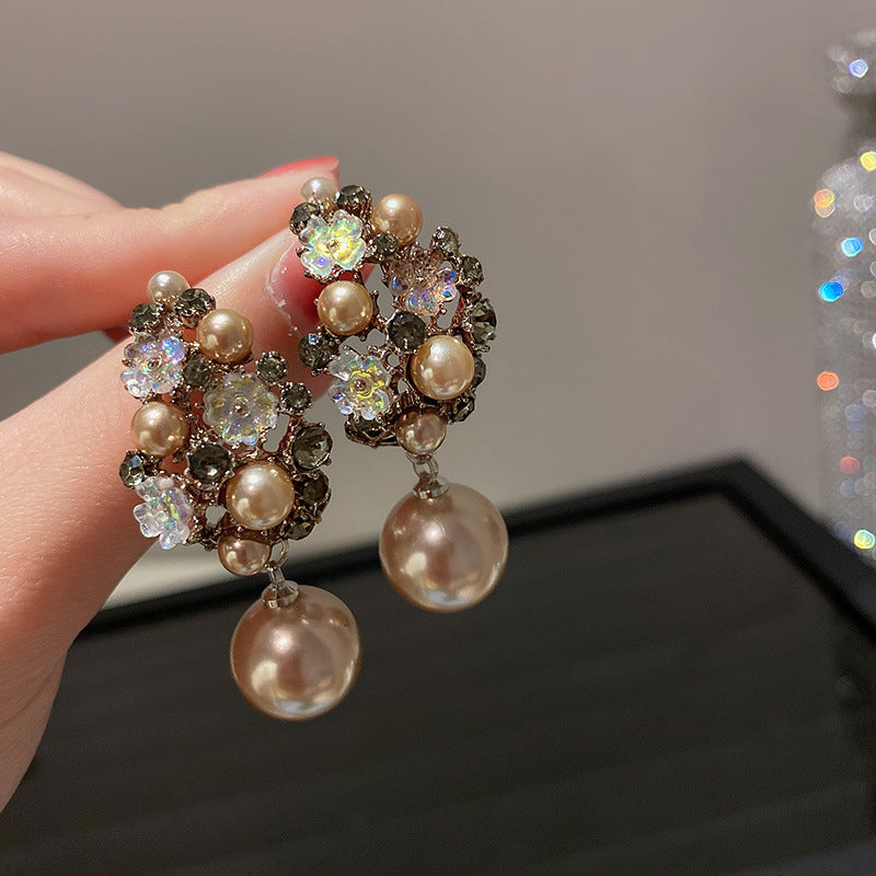 Korean-Style 925 Silver Flower Pearl Earrings – Elegant Floral Jewelry