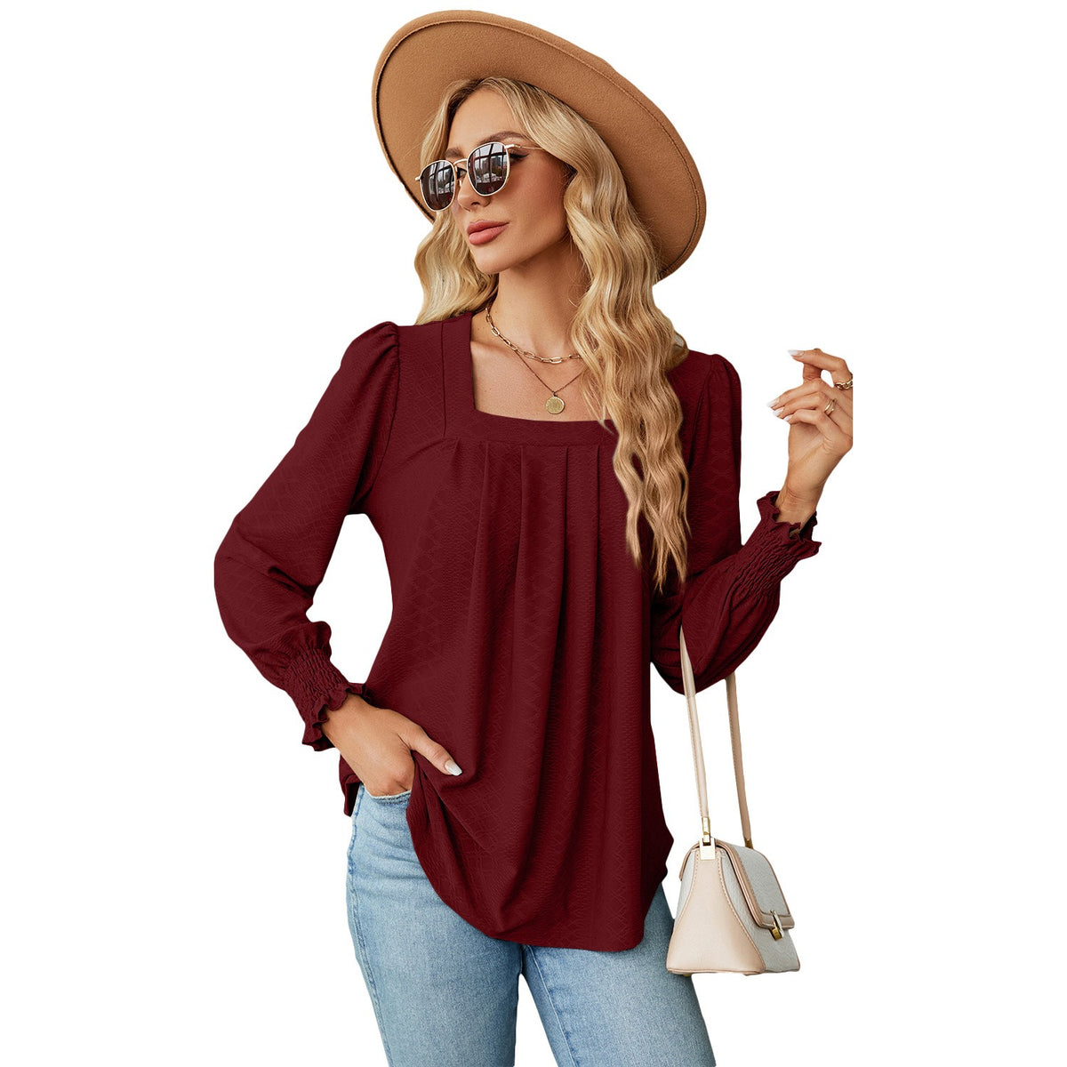Jacquard Pleated Long-Sleeve Square Neck T-shirt for Women