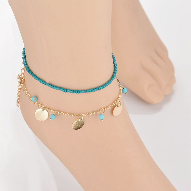 Round Bead Anklet with Turquoise - Bohemian Style