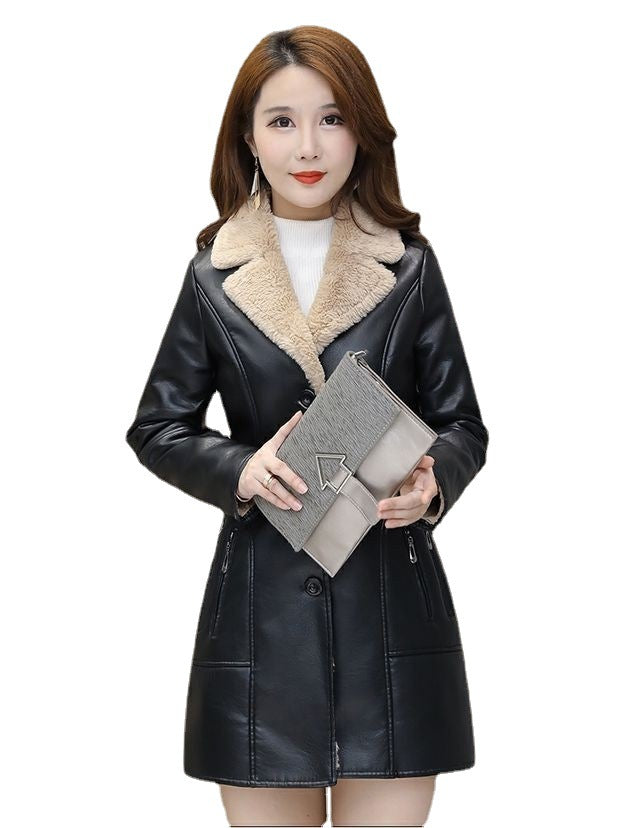 SEPARQI Women’s Slim-Fit Leather Jacket – Faux Fur Collar Medium-Length Winter Coat, Beige & Black, S–3XL