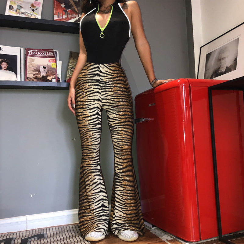 Women’s High-Waisted Leopard Print Flare Pants – Cotton Blend Stretch Bell-Bottom Trousers, S–XXL