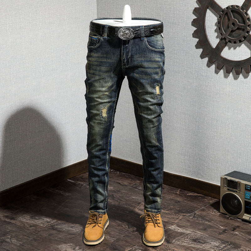 Korean Retro Nostalgic Self-Cultivation Jeans – Vintage Slim Fit Distressed Blue Denim, Sizes 28–38