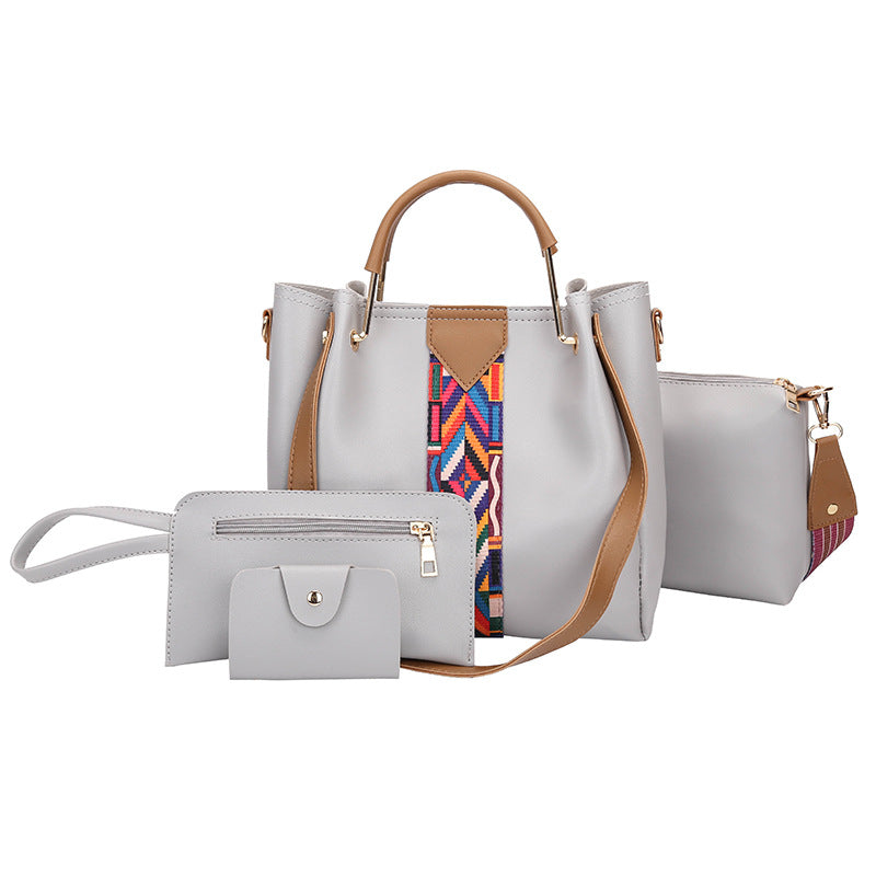 Ribbon Bucket Bag Set for Women – 4-Piece Large Capacity PU Handbag & Shoulder Bag Set