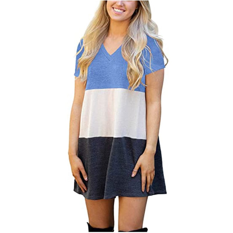 Color Matching V-neck Loose T-shirt Dress for Women